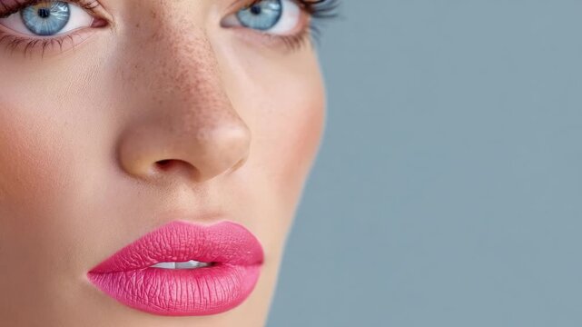 Close-up of a woman's face showing the left side: blue eye, pink lipstick, and freckled skin.