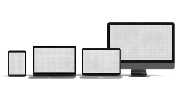 A collection of modern electronic devices including a tablet two laptops and a desktop computer displaying complex diagrams on a white background
