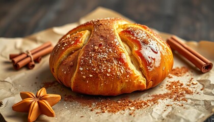Golden-brown, flaky cinnamon franzbrotchen, freshly baked on parchment,  fresh,   wooden board