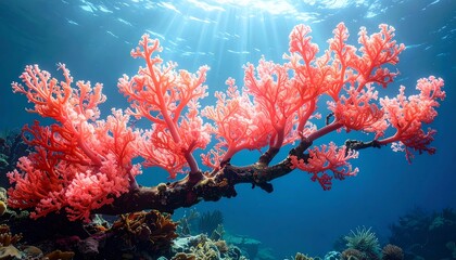 Vibrant red coral thrives underwater, illuminated by sunbeams in a blue ocean setting, with diverse reef below