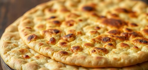 Golden-brown homemade flatbread, slightly puffed, rustic texture,  homemade,  healthy