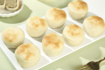 Green Bean Paste Filled Puff Pastries Traditional Asian Dessert Treats in Baking Tray