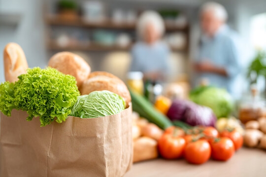 A couple unpacks fresh vegetables and bread from a paper bag in their warm kitchen