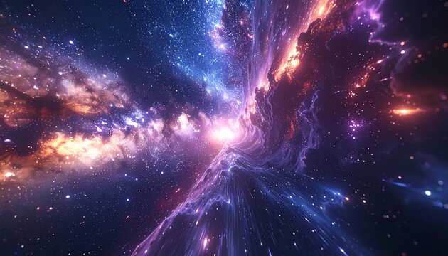 Vibrant cosmic explosion with swirling hues of purple, blue, and orange, amidst a sea of twinkling stars