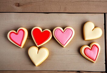 Fototapeta premium Heart-shaped sugar cookies, decorated with red and pink icing, on a rustic wooden background, sweet, baked