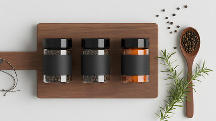 Three clear glass spice jars with black lids and labels on a rustic wooden cutting board with a wooden spoon and rosemary sprig