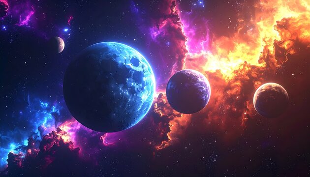 Vibrant cosmic scene with planets amidst colorful nebula clouds. 4 celestial bodies - Powered by Adobe