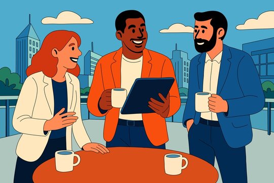 Colleagues networking at outdoor cafe using tablet and coffee in city