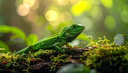 Vibrant green lizard resting on a mossy log in a lush forest, bokeh lights filter through the dense foliage