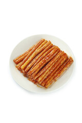 Handmade Spicy Beef Tendon Strips on White Plate - Traditional Asian Snack Food