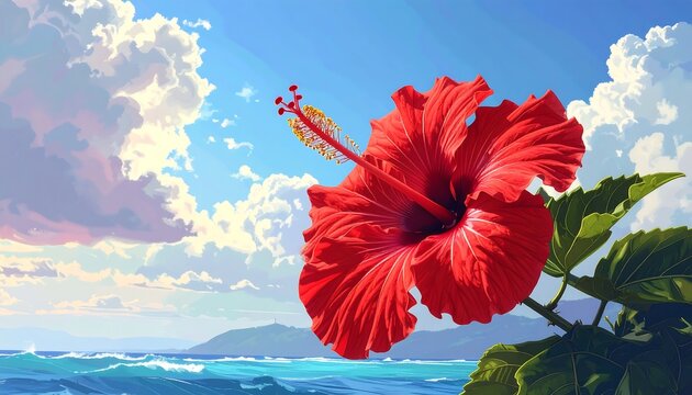 Vibrant red hibiscus flower against a bright blue sky, ocean, and island backdrop, painted in a painterly style - Powered by Adobe