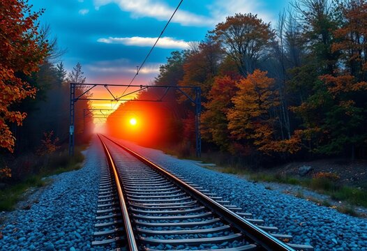 Misty dawn light illuminates empty railway tracks winding through autumnal foliage ,  train, early morning
