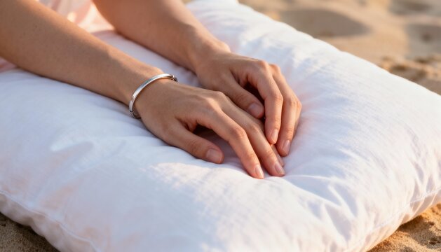 A woman's hands resting on a white pillow on a sandy beach. Close-up of a person relaxing during golden hour. Wellness and self-care concept