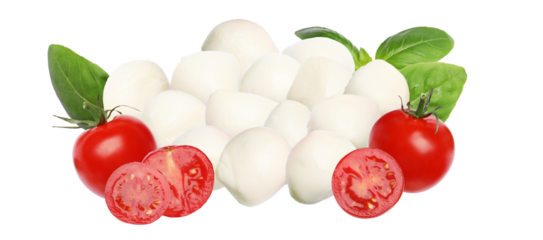 generous pile of fresh mozzarella cheese balls, ripe red cherry tomatoes, and aromatic green basil leaves, essential ingredients for caprese salad, isolated on black.
