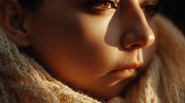 close-up of a young child's face wrapped in a cozy knit scarf.