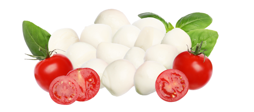 generous pile of fresh mozzarella cheese balls, ripe red cherry tomatoes, and aromatic green basil leaves, essential ingredients for caprese salad, isolated on black.