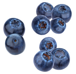 rich cluster of eight dark blue, ripe blueberries, featuring slight natural frosting, isolated cleanly against a solid transparent background.