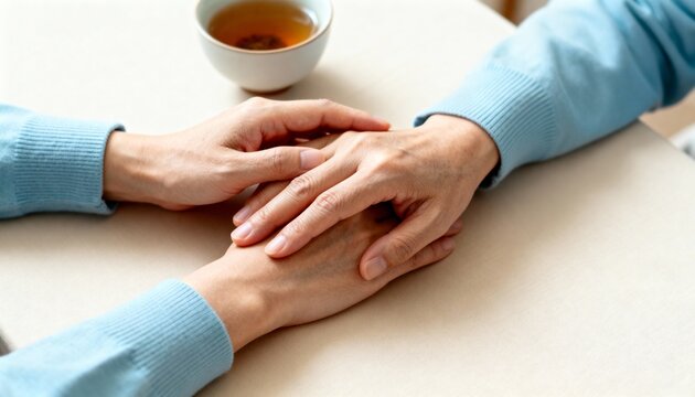 Supportive hands comforting a person in need. Close-up of a caring touch showing empathy and compassion. Mental health, therapy, and friendship concept