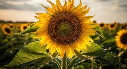 A vibrant sunflower with a yellow center and green leaves, set against a blurred background of more sunflowers.