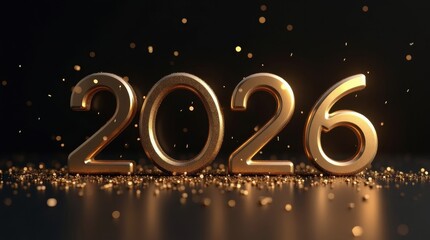 Golden 2026 numbers with falling confetti and bokeh lights
