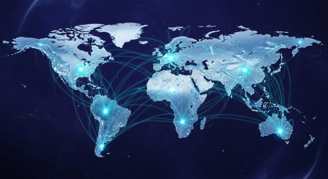 Global Connections Networked World Map with Glowing Nodes on Dark Background.