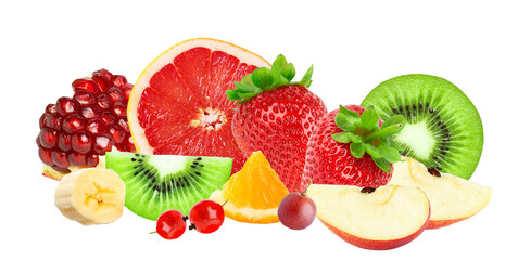 rich and vibrant photographic composition showing a colorful pile of fresh fruit including grapefruit, strawberries, kiwi slices, pomegranate, and bananas, isolated on black.