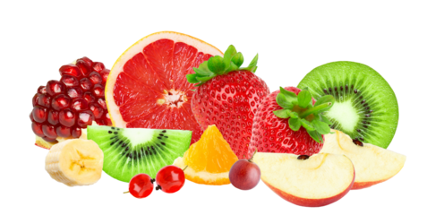 rich and vibrant photographic composition showing a colorful pile of fresh fruit including grapefruit, strawberries, kiwi slices, pomegranate, and bananas, isolated on black.