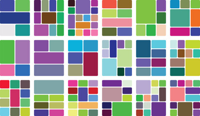 Diverse vibrant geometric grid pattern with colorful rounded rectangle shapes.