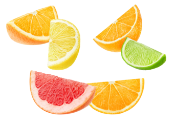colorful and refreshing photograph of various citrus fruit wedges, specifically lemon, orange, lime, and pink grapefruit slices, clustered together and isolated on black.