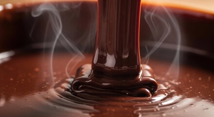 A stream of melted chocolate pouring into a bowl with steam rising from it.