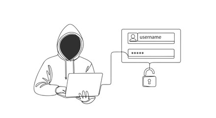 Continuous line drawing of one anonymous hacker using a laptop to steal username and password