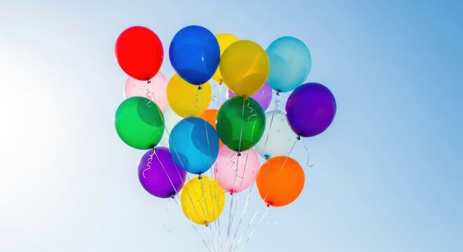 A colorful bunch of balloons against a clear blue sky