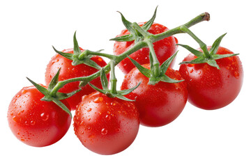 Fresh red cherry tomatoes on vine with droplets of water, showcasing vibrant color and natural texture, ideal for culinary and health themes. Isolated on transparent background.