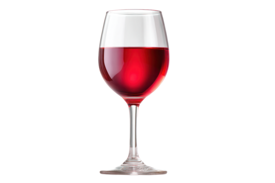 Elegant wine glass filled with rich red wine, showcasing the vibrant color and clarity, perfect for dining and celebration moments. Isolated on transparent background.