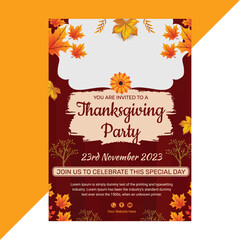 Naklejka premium Elegant Thanksgiving party flyer template with autumn leaves and pumpkin background, perfect for fall event invitations, seasonal celebrations, restaurant promotions, and festive gatherings
