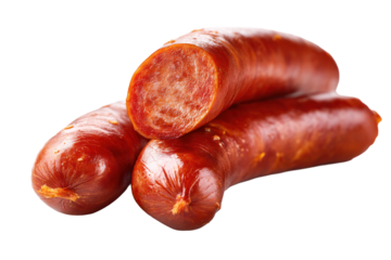 Freshly cooked sausages stacked on a transparent background, showcasing rich color and texture. Isolated on transparent background.