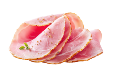 Slices of premium cured ham arranged elegantly, showcasing texture, color, and gourmet presentation for culinary use. Isolated on transparent background.