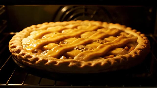 Woman adding sugar to sliced apple, brushing an apple pie, and baking the pie in an oven for pastry preparation footage