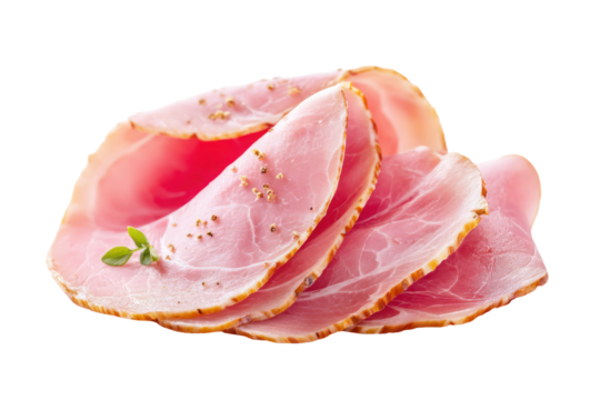 Slices of premium cured ham arranged elegantly, showcasing texture, color, and gourmet presentation for culinary use. Isolated on transparent background.