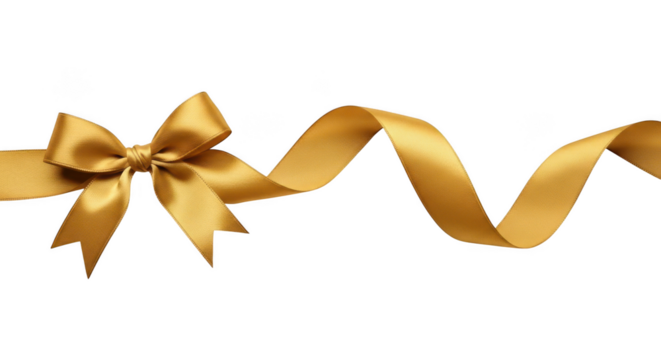 Golden satin ribbon with a decorative bow, elegantly flowing and shimmering luxuriously. isolated on transparent background