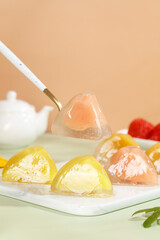 Crystal Ice Dumplings with Rice Filling on White Plate Traditional Asian Dessert