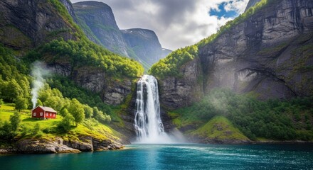 A serene mountain landscape with a red cabin and a waterfall, surrounded by lush greenery and a calm blue lake.