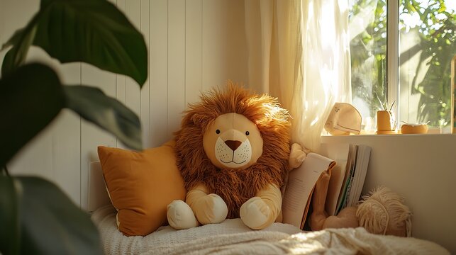 Stuffed lion in a cozy reading nook