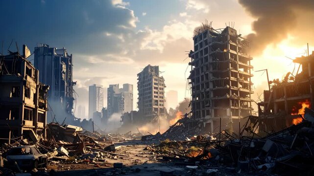 Cityscape with collapsed buildings showing devastation and destruction after a disaster striking the area.
