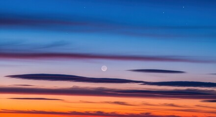 Obraz premium A serene, tranquil sunset with a crescent moon and wispy clouds in the sky, casting a warm glow over the horizon.