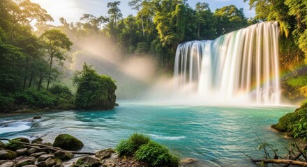 A serene waterfall cascades into a tranquil pool, surrounded by lush greenery and a rainbow in the mist.