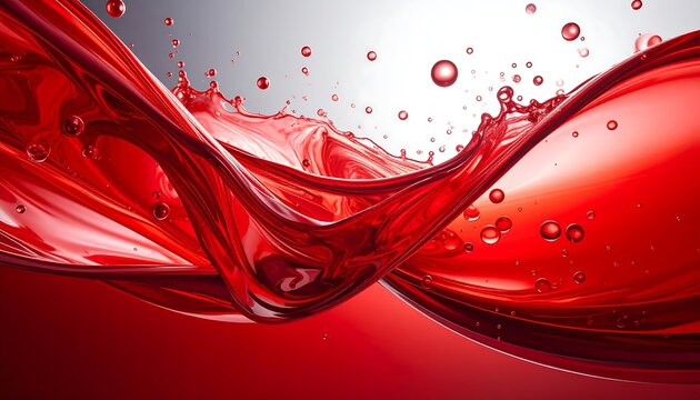 Viscous red liquid curves and splashes against a gradient background, creating a dynamic and flowing visual effect
