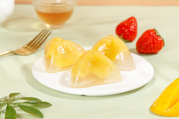 Sweet Crystal Rice Dumplings with Heart-Shaped Filling and Fresh Strawberries Dessert