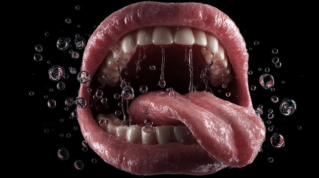 3D view of the tongue, teeth, and soft palate with saliva droplets, ultra-realistic rendering, educational medical illustration style.