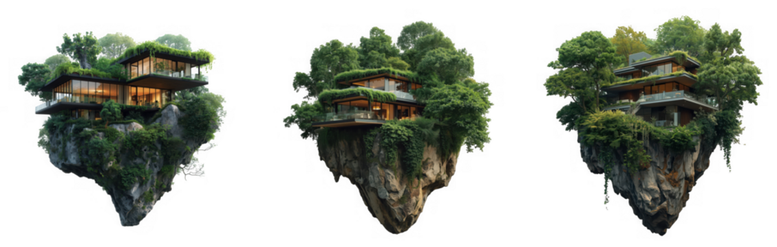 Floating island with house and tree in fantasy world isolated on transparent background - Powered by Adobe